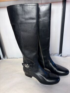 Michael Kors Black Leather Knee high Boots with MK Buckle